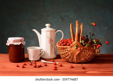 Fresh Rosehip Jam And Tea On The Table