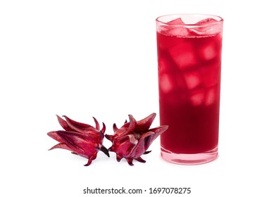 Fresh Roselle fruit (Jamaica sorrel, Rozelle or hibiscus sabdariffa ) and glass of roselle juice tea isolated on white background. 