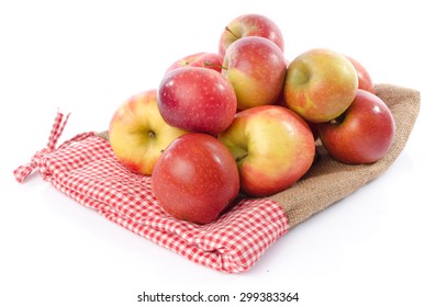 Fresh Royal Gala Apples On A Burlap Bag, Isolated On White