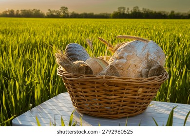 Fresh Rustic Bread Assortment In Wicker Basket On Green Wheat Field At Golden Sunset During Harvest Season