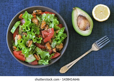 Fresh Salad With Avocado And Mussels. Dietary Salad.