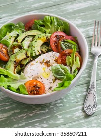 Fresh Salad With Avocado, Tomato And Mozzarella, In A White Bowl On Bright Wooden Surface