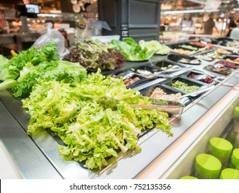 Fresh Salad Bar In Grocery Store For Healthy Food Concept.