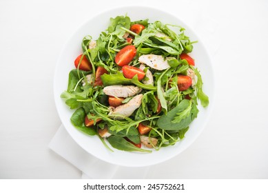 Fresh Salad With Chicken, Tomato And Greens (spinach, Arugula) Top View. Healthy Food.