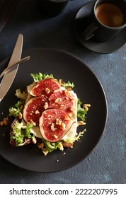 Fresh Salad With Figs, Endive, Nuts And Cheese On Dark Background. View From Above.