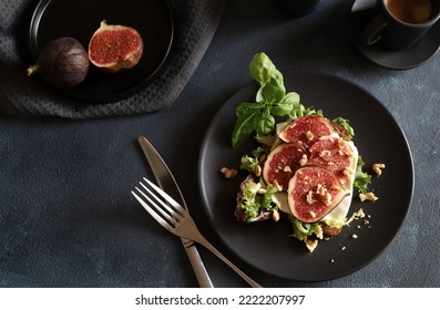 Fresh Salad With Figs, Endive, Nuts And Cheese On Dark Background. View From Above.