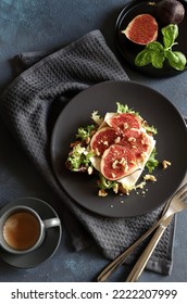 Fresh Salad With Figs, Endive, Nuts And Cheese On Dark Background. View From Above.