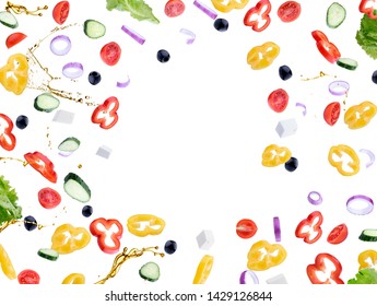 Fresh salad with flying vegetables ingredients isolated on a white background.Red tomatoes, pepper, cheese, lettuce, cucumber, olives and olive oil.