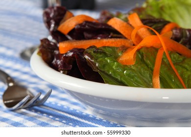 Fresh Salad With Red Lettuce And Shaved Carrot On A Porcelain Plate