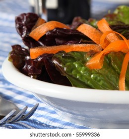 Fresh Salad With Red Lettuce And Shaved Carrot On A Porcelain Plate