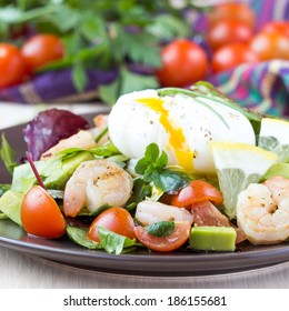 Fresh Salad With Shrimps, Tomatoes, Herbs, Avocado, Poached Egg, Delicious Summer Dish