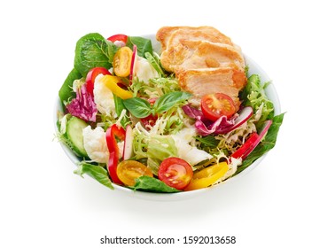 Fresh Salad With Tomatoes, Chicken, Bell Peppers, Radishes And Mozarella Cheese Isolated On White Background. Angle View With Copy Space