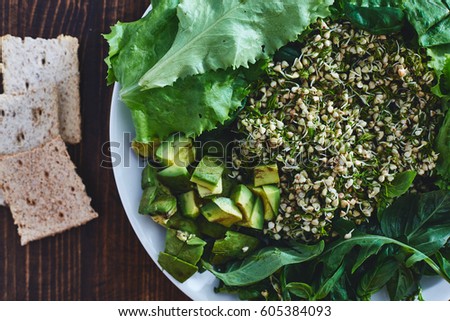 Fresh salad of vegetables and greens on a plate on a wooden background. Salad consists of Sprouted buckwheat grains, Finely chopped dill, zucchini, avocado, lettuce, spinach, Arugula and basil leaves