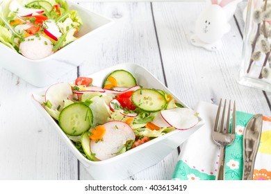 Fresh Salad With Vegtables On A Wooden Table.