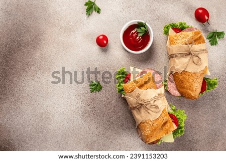 Fresh salami, tomato, lettuce and cheese sandwich. Delicious breakfast or snack on a light background top view. copy space.