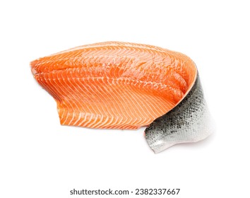 Fresh Salmon Fillet Isolated, Raw Norwegian Red Fish, Trout Meat Piece, Big Fresh Atlantic Salmon Fillet on White Background