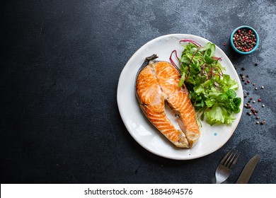 Fresh Salmon Fried Fish In A Plate Grilled Seafood Omega Ready To Eat On The Table For Healthy Meal Snack Outdoor Top View Copy Space Food Background Rustic Image Pescetarian Diet