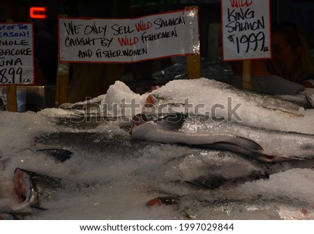 Fresh Salmon in Public Fish Market in Seattle, Washington
