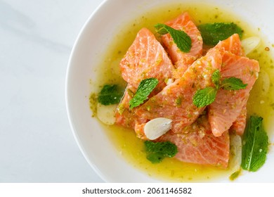 Fresh Salmon Raw With Spicy Seafood Salad Sauce