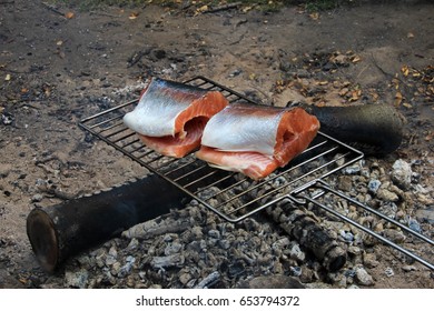 Fresh Salmon Trout Steaks On Grill, Patagonia, Chile