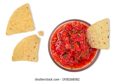 Fresh Salsa Dip And Corn Chips, Nachos On White Isolated Background. Home Made Recipe: Tomatoes, Onions, Cilantro, Hot Jalapeno Peppers Or Chilli Pepper And Salt. Traditional Mexican Food Appetizer.