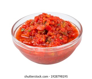 Fresh Salsa Dip Isolated On White Background. Recipe: Tomatoes, Onions, Cilantro, Hot Jalapeno Peppers Or Chilli Pepper And Salt. Traditional Mexican Food Appetizer.