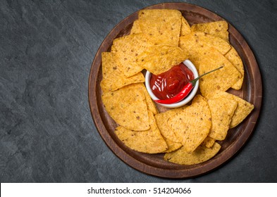 Fresh Salsa  Dips With Nachos Chips On Black Background, Top View