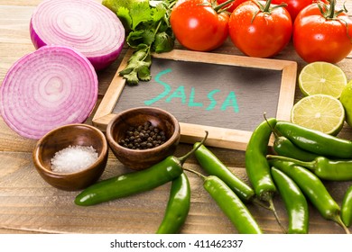 Fresh Salsa In White Bowl With Ingredients.