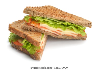 Fresh Sandwich Close Up With Vegetables And Meat Fish Isolated On White Background