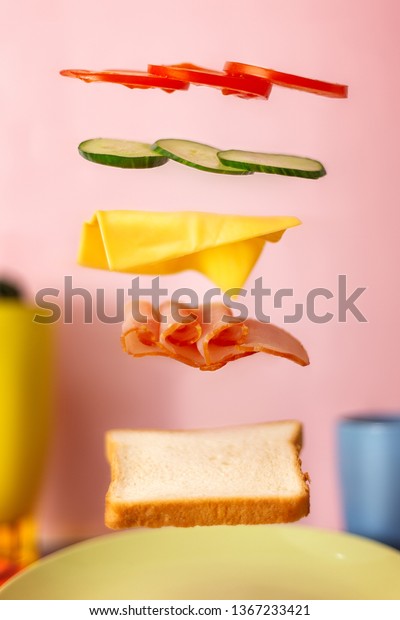 Fresh sandwich with flying ingredients
isolated on pink
background.