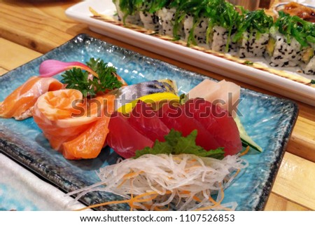 Fresh sashimi from various fish meat.
