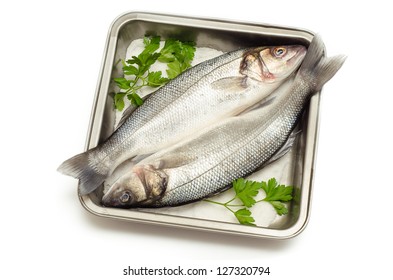 Fresh Sea Bass On Tray, Isolated On White