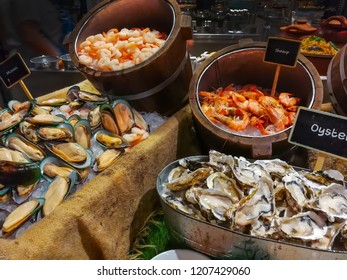 The Fresh Sea Food On Counter Bar In Restaurant.