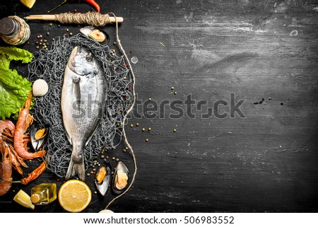 Fresh seafood. Fresh fish with shrimp, lemon and spices. On a black chalkboard.