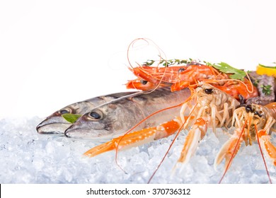 Fresh seafood on crushed ice, close-up.