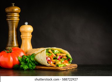 Fresh Shawarma Sandwich With Red Tomato, Salt And Pepper Grinder With Copy Space