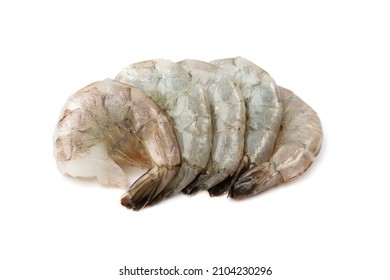 Fresh shrimp tails isolated. Raw headless prawn, pacific shrimp, uncooked tiger prawns, jumbo seafood on white background