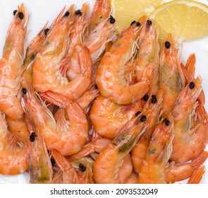 Fresh Shrimps Background Texture. A Group Of Cooked Sea Shrimp. Seafoood In Market. Sea Products Macro.