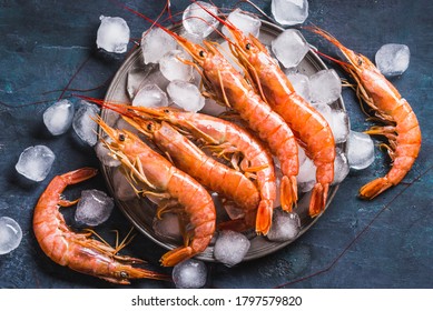 Fresh Shrimps Wild Red Jumbo Shrimps On Ice On Dark Background.