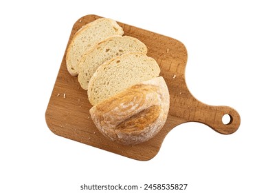 Fresh slice of bread on wooden cutting board on the white background. White bread slices and crumbs viewed from above. Top view. Bakery food concept. - Powered by Shutterstock