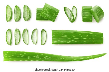 Fresh Sliced Aloe Vera Leaf Isolated On White Background, Top View