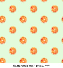 Fresh Sliced Red Orange Citrus Fruit Seamless Pattern  Poster On Green Background. Top View .  Concept Foto