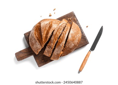 Fresh sliced Sourdough Bread on wooden cutting board isolated on white background. Yeast rye or wheat artisan bread, design element. - Powered by Shutterstock