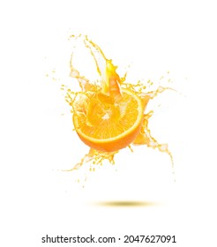 Fresh slide half of ripe orange fruit with orange juice splash water isolated on white background - Shutterstock ID 2047627091