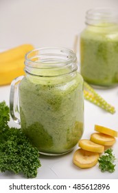 Fresh Smoothie With Kale And Banana On White Background, Selective Focus