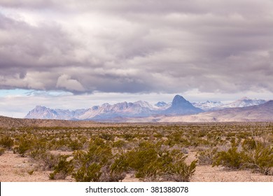 Fresh Snow In Distant Chisos Mountains, Landscape In Chihuahuan Desert Of Big Bend National Park, Texas, US.