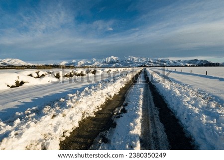 Fresh snow on farmland near Mt Hutt, Arthur's Pass, Canterbury Plains, South Island, New Zealand