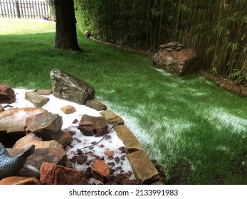 Fresh Snow On The Green Grass And On The Rocks In A Backyard 