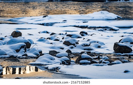 Fresh Snow On Rock In The Olentangy River In Columbus Ohio