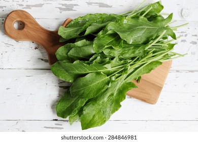 Fresh Sorrel, Eggs And Sour Cream On A White Board